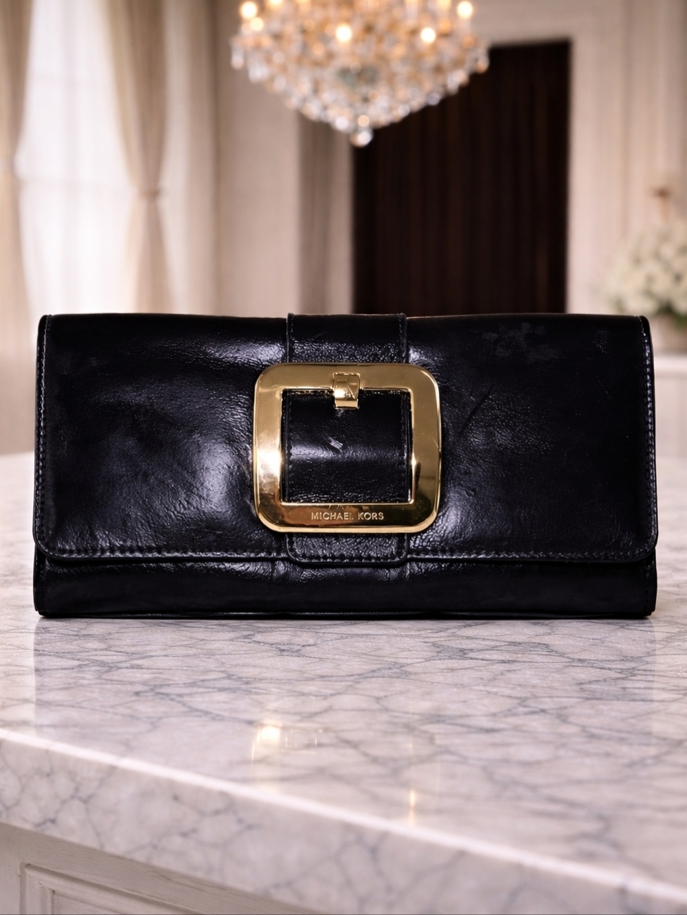 Michael Kors Black Patent Leather Clutch Wallet Gold Buckle Evening Bag